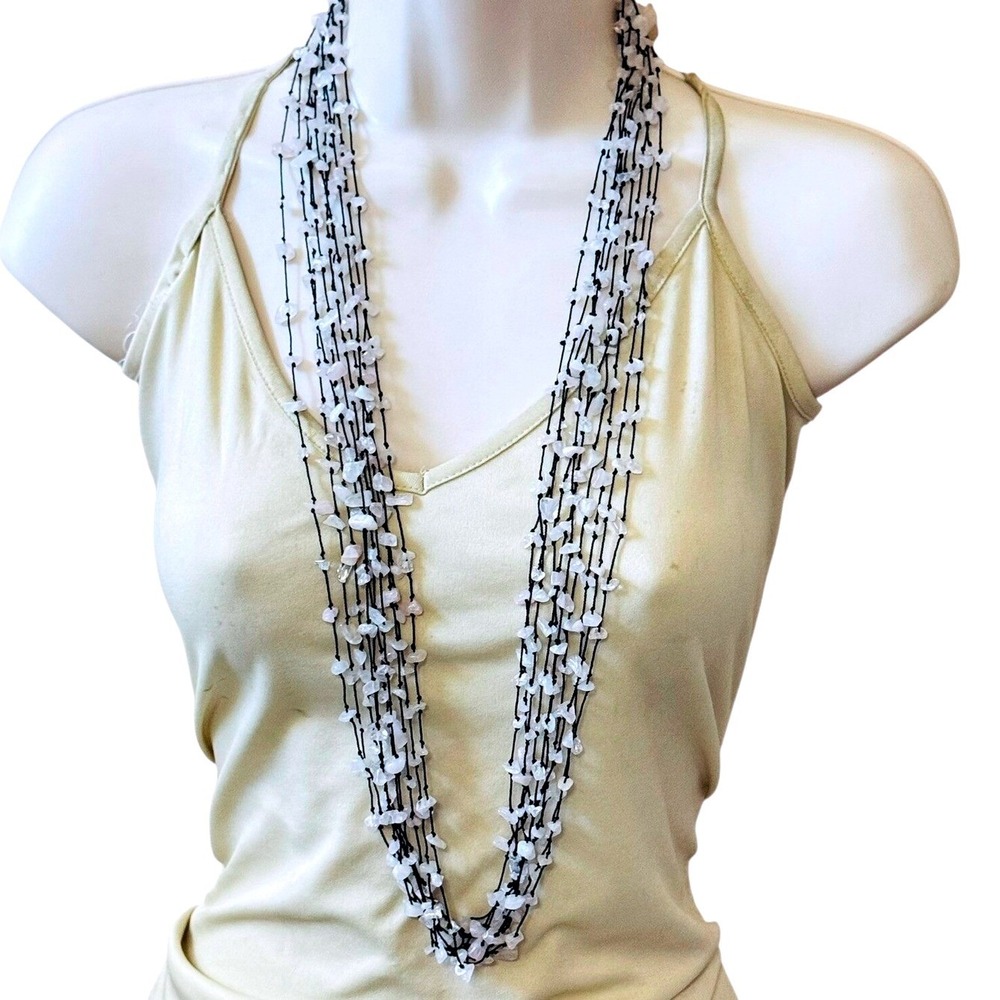 BOHO Rose Quartz beaded Long Multi Necklace Beads Natural Stones Crochet 90s Y2k